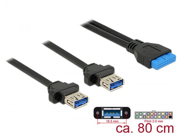 Kabel USB 3.0 Pfostenbuchse 2mm 19 Pin an 2x USB 3.0 Typ-A Buchse zum Einbau, 0,80m, Delock® [85244]