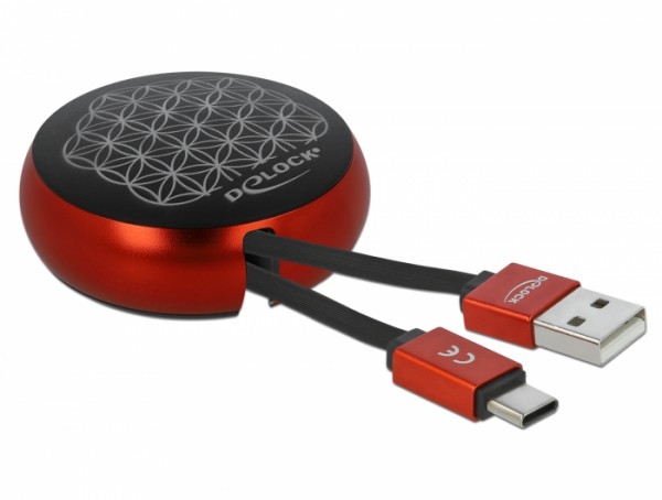 USB 2.0 Aufrollkabel Typ-A zu USB-C™ schwarz / rot, Delock® [85819]