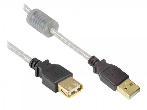 Verlängerung USB 2.0 Stecker A an Buchse A, High Quality mit Ferritkern und Goldkontakten, transparent, 3m, Good Connections®