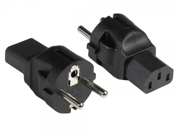 Stromadapter Schutzkontakt-Stecker Typ E+F (CEE 7/7, gerade) an Kaltgeräte-Buchse C13 (gerade), schwarz, Good Connections®