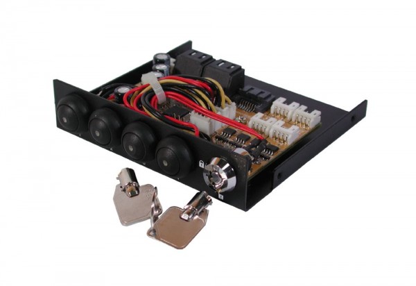 Umschalter von 1 bis 4 SATA2/3 Festplatten (bis zu 4 HDD gleichzeitig einschaltbar, Einbau in ein 3.5"/5.25" Front-Bay, Exsys® [EX-3466-2]