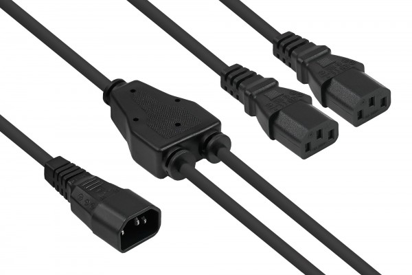 kabelmeister® Y-Kaltgeräteverlängerung Kaltgeräte-Stecker C14 an 2x Kaltgeräte-Buchse C13, schwarz, 2m