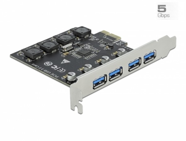PCI Express x1 Karte zu 4 x extern USB Typ-A Buchse SuperSpeed USB (USB 3.2 Gen 1), Delock® [90509]