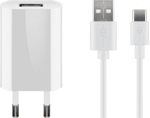 USB-Ladegerät, 1 Port, 1A, flache Bauform, inkl. Anschlusskabel USB Stecker A an USB-C™ Stecker, weiß, 1m
