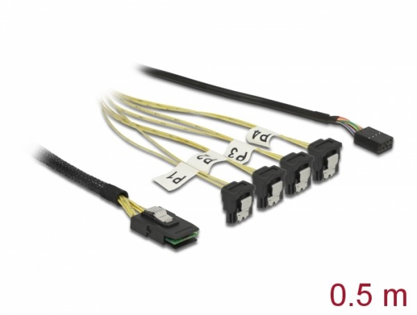 Kabel Mini SAS SFF-8087 > 4 x SATA 7 Pin gewinkelt + Sideband 0,5 m, Delock® [85683]