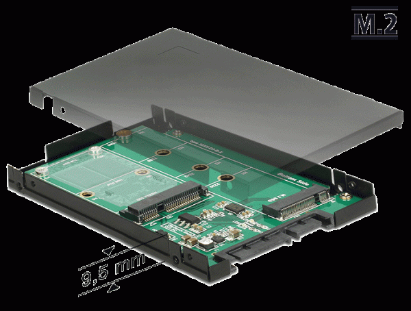 2.5" Konverter SATA 22 Pin an 1x M.2 Key B + 1x mSATA - 9,5 mm, Delock® [62866]