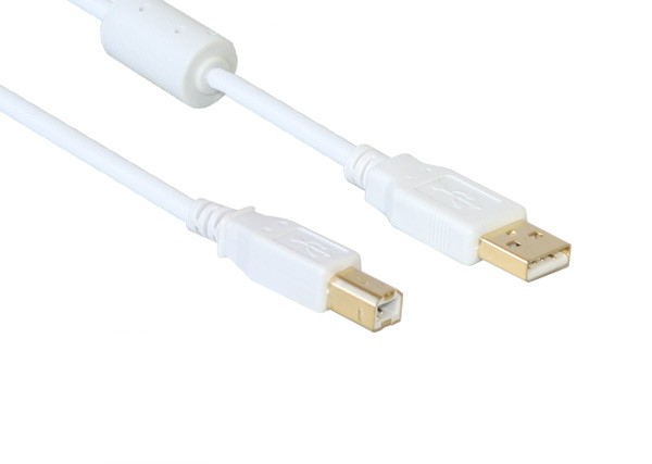 Anschlusskabel USB 2.0 Stecker A an Stecker B, mit Ferritkern, vergoldet, weiß, 3m, Good Connections®