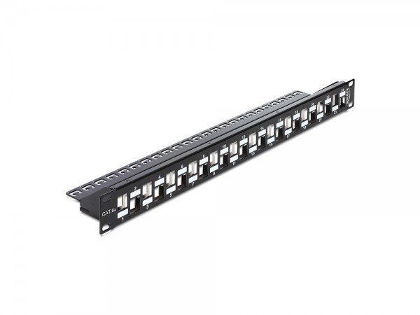 Patchpanel Keystone, 19" 1HE, 24-Port abgestuft mit Entlastungschiene, schwarz, Delock® [43278]