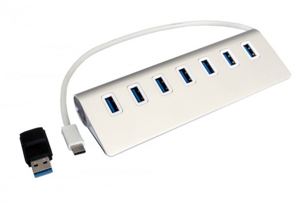 USB 3.0 HUB 7-Port, 7x Buchse A, USB 3.0 Kabel mit C-Stecker, inkl. Adapter A-Stecker auf C-Buchse, Metallgehäuse, Exsys® [EX-1137]