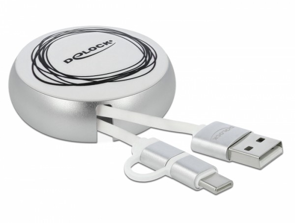 USB 2.0 2 in 1 Aufrollkabel Typ-A zu Micro-B und USB-C™ weiß / silber, Delock® [85821]