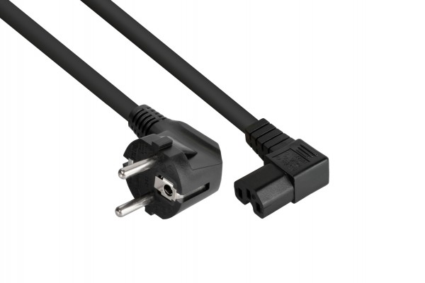 kabelmeister® Netzkabel Schutzkontakt-Stecker Typ E+F (90° gew.) an Warmgeräte-Buchse C15 (r. gew.), schwarz, 1,50mm², 1m