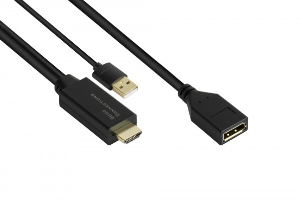 Adapter HDMI 2.0b Stecker an DisplayPort 1.2 Buchse, 4K @60Hz, USB Power, vergoldete Kontakte, Kupferleiter, schwarz, 0,3m, Good Connections®