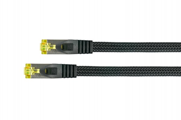 Python® Series RJ45 Patchkabel mit Cat. 7 Rohkabel, Rastnasenschutz (RNS®) und Nylongeflecht, S/FTP, PiMF, halogenfrei, 500MHz, OFC, schwarz, 2m