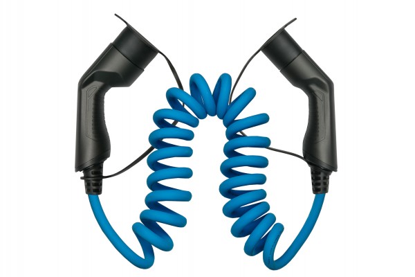 E-Auto-Ladekabel Mode 3, Typ 2 Stecker an Buchse, 3-phasig, 32 A, 22 kW, Spiralkabel, blau, 5m