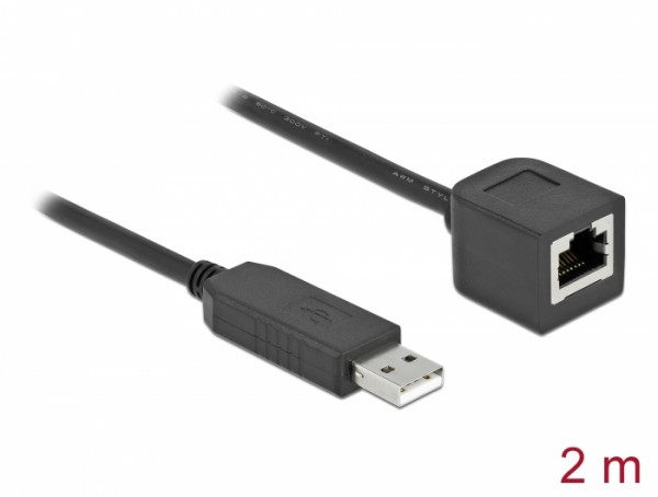 Serielles Anschlusskabel mit FTDI Chipsatz, USB 2.0 Typ-A Stecker zu RS-232 RJ45 Buchse, schwarz, 2 m, Delock® [64165]