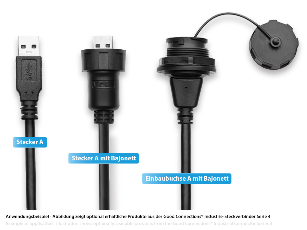Industrie-Steckverbinder S4 - USB 3.0 Kabel, Stecker A an Einbaubuchse A  mit Kabelverschraubung, Bajonett, IP67, schwarz, 1m, Good Connections®, Serie S4, Industrie-Steckverbinder, Komponenten