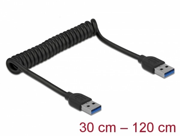 USB 3.0 Spiralkabel Typ-A Stecker an Typ-A Stecker, schwarz, 0,3 m bis 0,7 m, Delock® [85348]