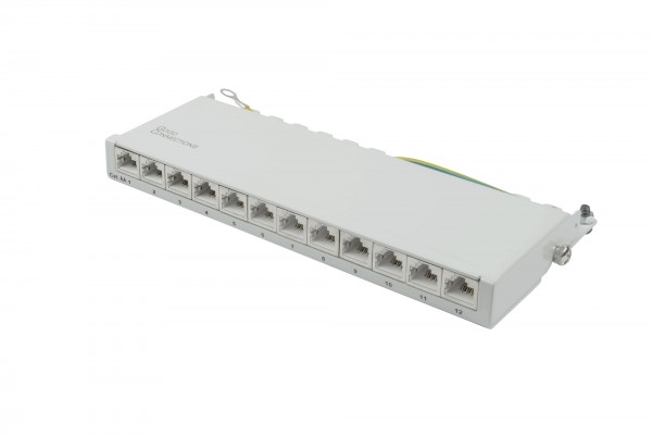 Patchpanel Desktop Cat. 6A, 12-Port, 0,5 HE, STP geschirmt, werkzeugloses Öffnen, Lichtgrau (RAL7035), Good Connections®