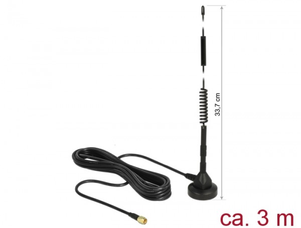 LTE Antenne SMA Stecker 5dBi starr omnidirektional, magnetischer Standfuß, Anschlusskabel (RG-174, 3m), outdoor schwarz, Delock® [12427]