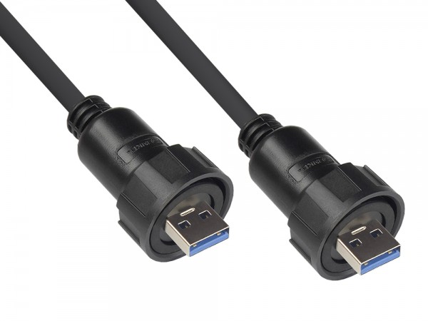 Industrie-Steckverbinder S4 - USB 3.0 Kabel, Stecker A mit Kabelverschraubung beidseitig, Bajonett, IP67, schwarz, 1m, Good Connections®