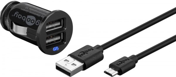 KFZ USB-Ladeadapter, 2-Port, 2,1 A, inkl. Anschlusskabel USB Micro B an USB A Stecker, schwarz, 1m