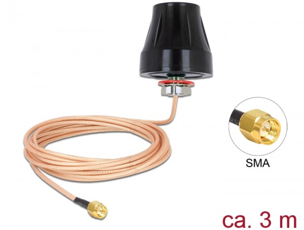 LTE Antenne SMA Stecker, 2dBi, starr, omnidirektional mit Anschlusskabel (RG-316U, 3m) outdoor schwarz, Delock® [89589]