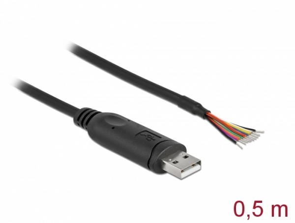 Adapterkabel USB 2.0 Typ-A zu seriell RS-232 mit 9 offenen Kabelenden + Schirmung 0,5 m, Delock® [90415]