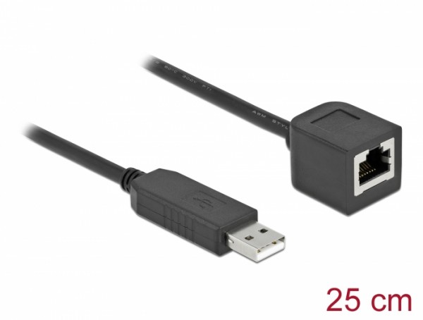Serielles Anschlusskabel mit FTDI Chipsatz, USB 2.0 Typ-A Stecker zu RS-232 RJ45 Buchse, schwarz, 25 cm, Delock® [64162]